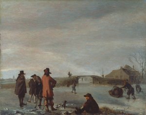 Scena zimowa z grupą golfistów na zamarzniętej rzece, ok. 1654-72 (olej na desce) autorstwa Adriaen van de Velde