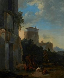 Włoska wiejska ulica z koniem, kozami i mężczyzną na osiołku autorstwa Adriaen van der Cabel