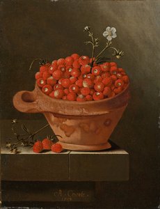 Martwa natura z truskawkami w glinianym garnku, 1704 autorstwa Adrian Coorte