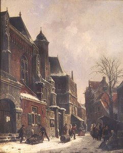 Holenderska scena uliczna z figurami przy kościele autorstwa Adrianus Eversen