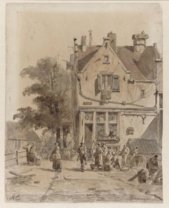 Widok na most nad Baangracht w Amsterdamie ze sprzedawcami żywności Baangracht (tytuł na obiekcie) autorstwa Adrianus Eversen