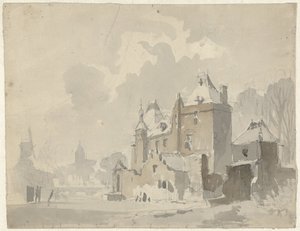 Widok wyimaginowanego (?) zamku w pobliżu miasta autorstwa Adrianus Eversen