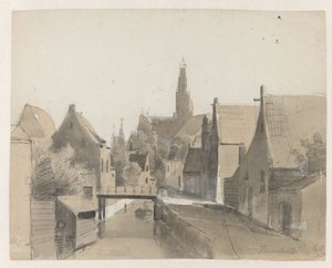 Widok na kanał w Haarlemie, w tle św. Bawó Haarlem (tytuł na obiekcie) autorstwa Adrianus Eversen