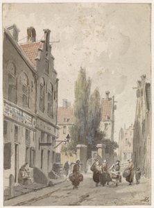 Pejzaż miejski z handlarzem autorstwa Adrianus Eversen
