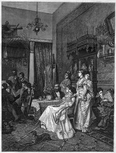 Amatorski koncert w pracowni artysty. Grawer po obrazie Adriena Moreau (1843-1906) w „Ilustrowanym Wszechświecie”” autorstwa Adrien (after) Moreau
