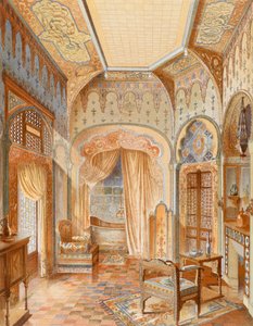 Wnętrze łazienki w stylu mauretańskim, ilustracja z „La Decoration Interieure” wydanej ok. 1893–94 (kolor litho) autorstwa Adrien (after) Simoneton