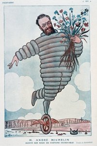 Karykatura Andre Michelin i Bibendum - ilustracja Adriena Barrere (1877-1931) w "Fantasio" z 01.07.1923