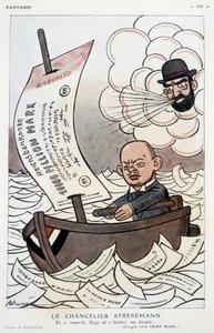 Karykatura dotycząca niemieckiego kanclerza Gustava Stresemanna (1878-1929) i dewaluacji marki – ilustracja Adriena Barrere (1877-1931) w „” Fantasio”” z 1.11.1923