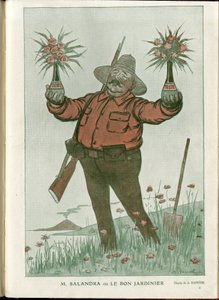 Ilustracja Barrere (1874-1931) w „”Fantasio”””, 06.01.2015 - Pan Salandra lub Dobry Ogrodnik - Wojna 14-18, Włochy, Wino, Neutralność, Kwiaty, Erupcje Wulkanów, Przewodniczący Sobór, Triest - Salandra Antonio autorstwa Adrien Barrere