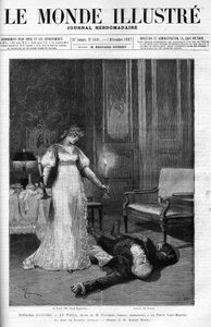 Śmierć Scarpii (Monsier Berton), ilustracja czwartego aktu „Tosca” z Sarah Bernhardt jako La Tosca, okładka „Le monde Illustre” autorstwa Adrien Emmanuel (after) Marie