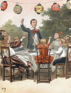 Młody chłopiec przemawia, dzieci brzęczą szklanką, ilustracja Adriena Marie w książce Tout a la joie Zari, publikacja Emile Guerin 1890 autorstwa Adrien Emmanuel Marie
