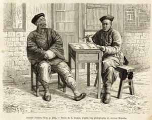 Szachiści. Grawer na podstawie rysunku A.Marie, dla zilustrowania podróży do Pekinu i północnych Chin, T.Choutze, w 1873, opublikowany w „Le tour du monde”” 1876, pod redakcją Edouarda Chartona, wyd. Hachette, Paryż. Kolekcja Selva. autorstwa Adrien Emmanuel Marie