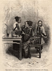 Chinka ma toaletę. Grawer na podstawie rysunku A.Marie, dla zilustrowania podróży do Pekinu i północnych Chin, T.Choutze, w 1873, opublikowany w „Le tour du monde”” 1876, pod redakcją Edouarda Chartona, wyd. Hachette, Paryż. Kolekcja Selva. autorstwa Adrien Emmanuel Marie