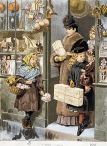 Biedna dziewczyna sprzedająca małe bukiety przy wyjściu ze sklepu z zabawkami, do którego wychodzą bogaci ludzie (zakupy na Boże Narodzenie?) - rysunek Adriena Marie autorstwa Adrien Emmanuel Marie