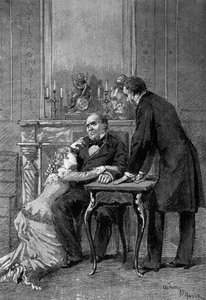 Przedstawienie teatralne: I akt „Jeana Baudry” Auguste Vacquerie (1819-1895) z panną Bertet (Andree), panem Barre (Bruel), Edmondem Gotem (1822-1901) (Jean Beaudry). Paryż, komedia francuska autorstwa Adrien Emmanuel Marie