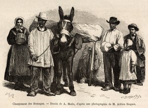 Załadunek serów na grzbiet muła w kierunku piwnic Roquefort, grawer wg rysunku A.Marie, ilustrującego podróż do Roquefort i okolic, autorstwa Adriena Roquesa i Julesa Chartona, w 1874 r., opublikowany w „” Le tour du monde””” autorstwa Adrien Emmanuel Marie