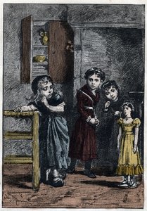 Dwie córki Thenardiera, Eponine i Azelma, patrzą na Cosette, która otrzymała lalkę Catherine - Ilustracja autorstwa Adriena Marie (1848-1891) do „Nieszczęśnicy - Część druga: Cosette” Victora Hugo (1802-1885) 1862