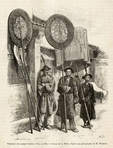 Trzech pracowników pogrzebowych w Pekinie. Grawer na podstawie rysunku A.Marie, dla zilustrowania podróży do Pekinu i północnych Chin, T.Choutze, w 1873, opublikowany w „Le tour du monde”” 1876, pod redakcją Edouarda Chartona, wyd. Hachette, Paryż. Kolekcj autorstwa Adrien Emmanuel Marie