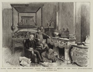 Victor Hugo i jego wnuki Jeanne i Georges, szkic w gabinecie-sypialni poety autorstwa Adrien Emmanuel Marie