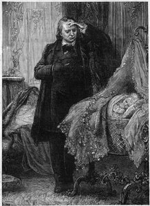 Victor Hugo obserwuje dziecko śpiące w łóżeczku. Ilustracja do „Historii zbrodni” Victora Hugo (1802-1885). Ilustracja autorstwa M. A. Marie