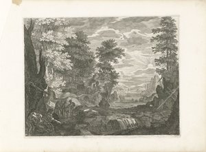 Wodospad z miastem w tle Cztery pejzaże w Czechach (tytuł serii) autorstwa Aegidius Sadeler (II) (attributed to)