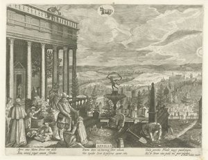 Kwiecień Aprilis (tytuł na obiekcie) Dwanaście miesięcy (tytuł serii) autorstwa Egidius  Sadeler (II)