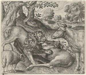 Bajka o lwie, krowie i owcach na polowaniu autorstwa Egidius  Sadeler (II)