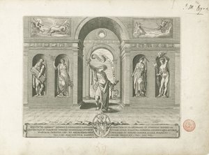 Janus i cztery pory roku Zdjęcie tytułowe z serii o dwunastu miesiącach Dwanaście miesięcy (tytuł serii) autorstwa Egidius  Sadeler (II)