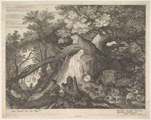 Mężczyzna trzymający laskę i siedzący na pniu drzewa, z dwoma kozami po obu stronach, surro..., ca. 1600.