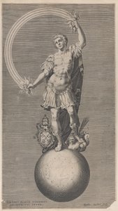 Alegoryczna postać wojownika stojącego na globusie z papieskim herbem a..., ca. 1588-1629.