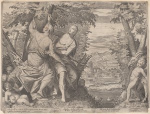 Angelica i Medoro stoją nad strumieniem, gdy Medoro rzeźbi ich imiona w tr..., 1590-98.