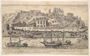 Ilustracja 21: widok od zachodu na ruiny Awentynu w Rzymie, z łodziami na rzece…, 1606.