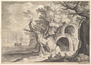 Zrujnowany akwedukt z wodą spływającą z niego do strumienia poniżej, statki na morzu za nimi, a..., ca. 1600.