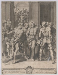 Biczowanie Chrystusa z biczami po obu stronach i postaciami oglądającymi z balkonu..., 1593.