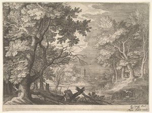 Scena leśna z bagnistymi brzegami, dwóch mężczyzn i pies z profilu po lewej, dwie długie szyje..., ca. 1600.