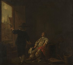 Szyld Sklepu Wina, z jednej strony Degustacja Wina, z drugiej Beczka Wina autorstwa Aelbert Cuyp (circle of)