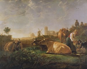 Odległy widok Dordrechtu ze śpiącym pasterzem i pięcioma krowami („Mały Dort”), ok. 1650-1652