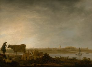 Widok Vianen z pasterzem i bydłem nad rzeką, ok. 1930 r. 164345. autorstwa Aelbert Cuyp