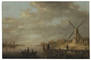 Pejzaż rzeczny z wiatrakiem i dżentelmenami w łodziach wiosłowych i na molo na pierwszym planie (olej na płycie) autorstwa Aelbert Cuyp