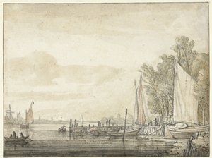 Łodzie na molo w rzece autorstwa Aelbert Cuyp