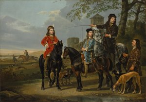 Portret jeździecki Cornelisa i Michiela Pompe van Meerdervoort z ich korepetytorem i woźnicą, Start do polowania, ok. 1652-53 autorstwa Aelbert Cuyp