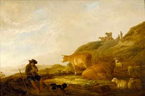 Siedzący pasterz z krowami i owcami na łące, c1644 autorstwa Aelbert Cuyp