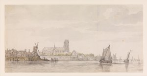 Widok na Groote Kerk w Dordrechcie od rzeki Maas autorstwa Aelbert Cuyp
