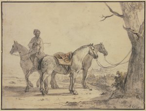 Dwa osiodłane konie przywiązane do drzewa, a obok nich jeździec autorstwa Aelbert Cuyp