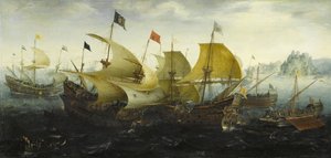 Bitwa o Kadyks Holenderskie i angielskie statki atakują hiszpańską Armadę, 1608 autorstwa Aert Anthonisz