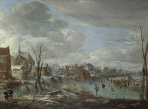 Zamarznięta rzeka w pobliżu wioski, z golfistami i łyżwiarzami, ok. godz. 1647-1648 autorstwa Aert van der Neer