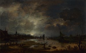 Rzeka w pobliżu miasta, przy świetle księżyca, ok. godz. 1645 autorstwa Aert van der Neer
