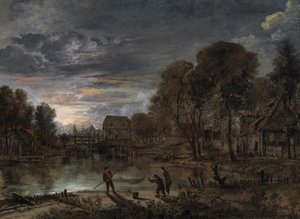 Nocny krajobraz z rybakami. autorstwa Aert van der Neer