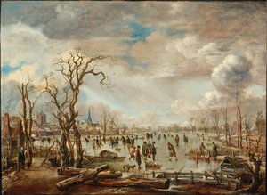 Zimowy pejzaż z lodowymi przyjemnościami, ok. godz. 1655 autorstwa Aert van der Neer