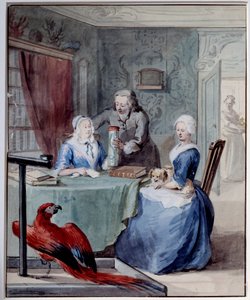 Przyrodnik pokazuje dwóm kobietom słoik zawierający węża na pierwszym planie papugę. Akwarela Aerta Schoumana (1710-1792) XVIII w. Słońce. 0,24x0,2 m Paryż, Musee du Louvre autorstwa Aert Schouman